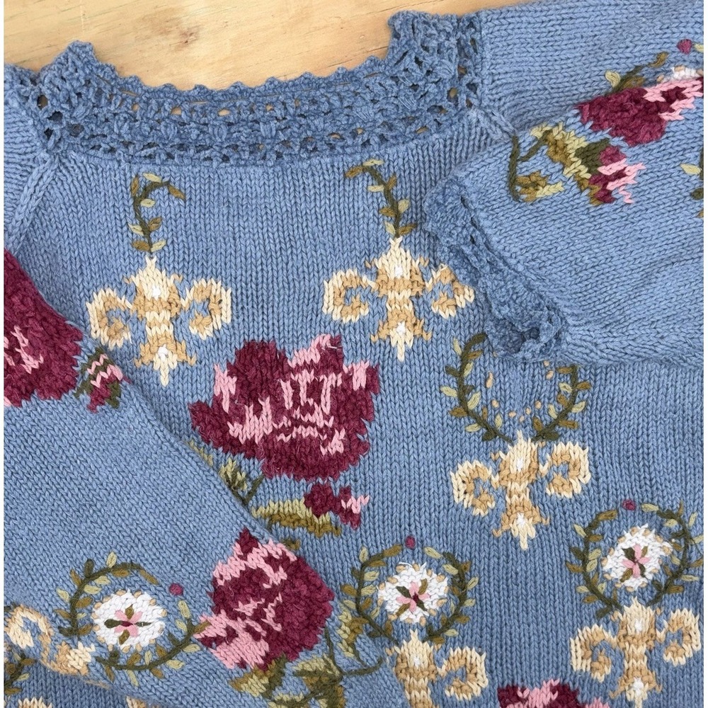 Vintage Casual Corner Hand Knit Chunky Sweater Embroidered Floral Pullover Large